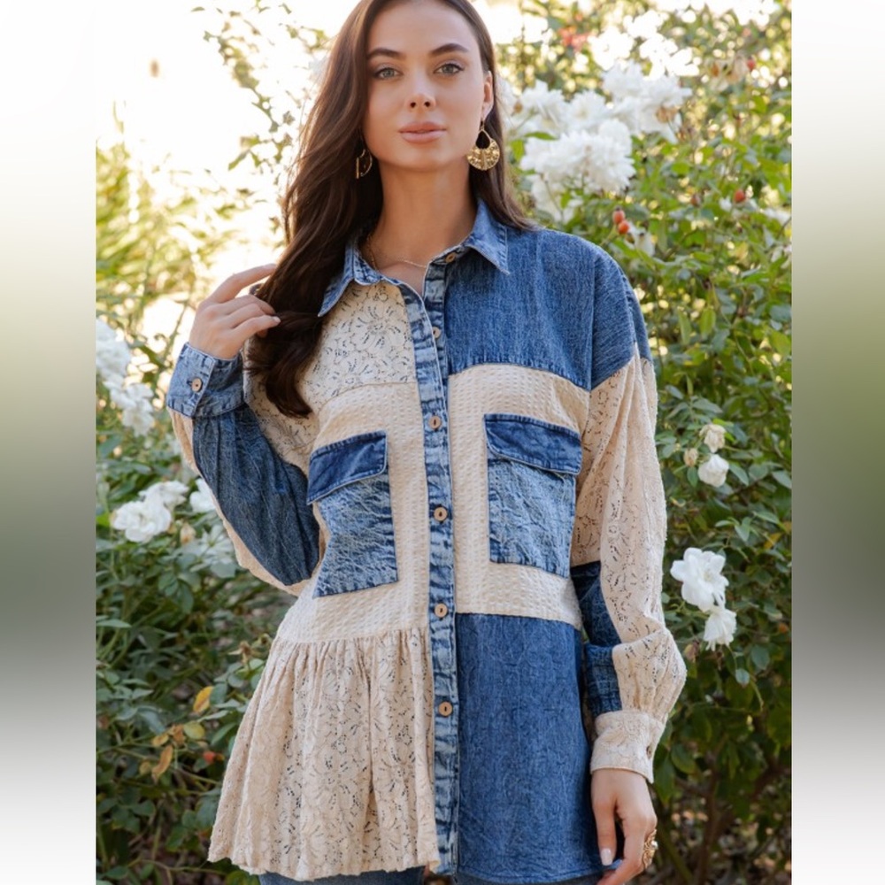 YTS8–(SHIPPED) Western Patchwork Denim Lace Button-Up Shirt